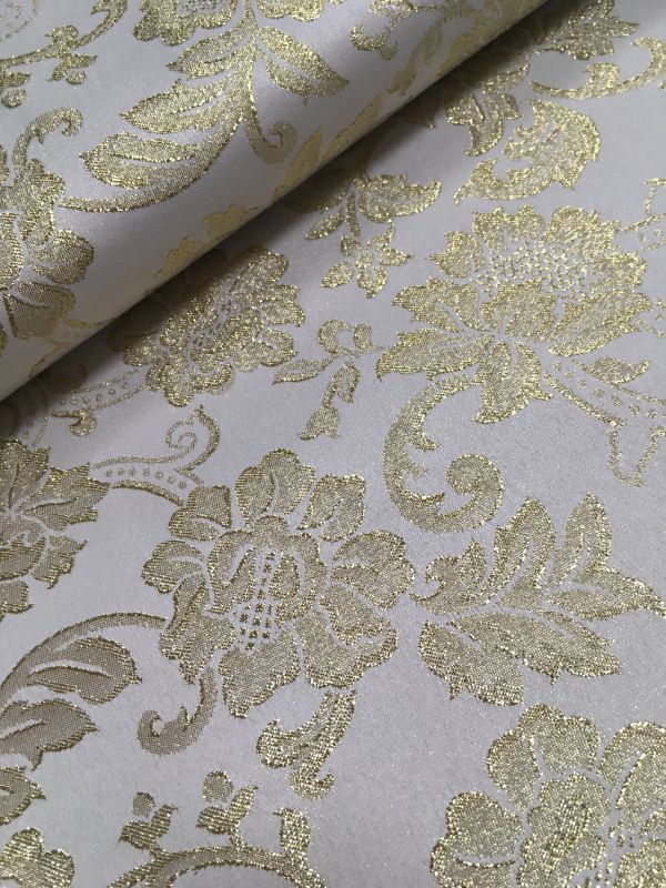 TELA   BROCADA FONDO BLANCO FLOR DORADA  