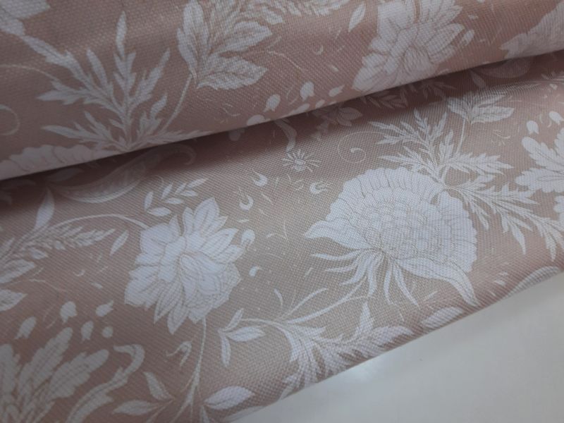 Tela TEFLÓN  FONDO BEIS FLOR BLANCA