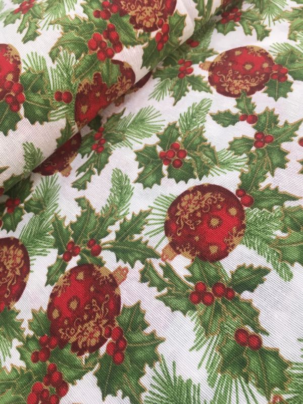 Loneta NAVIDAD BOLAS ROJAS Y HOJAS DE ACEBO