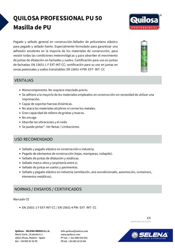 Quilosa PU 50 Sellador y Adhesivo de Poliuretano Monocomponente
