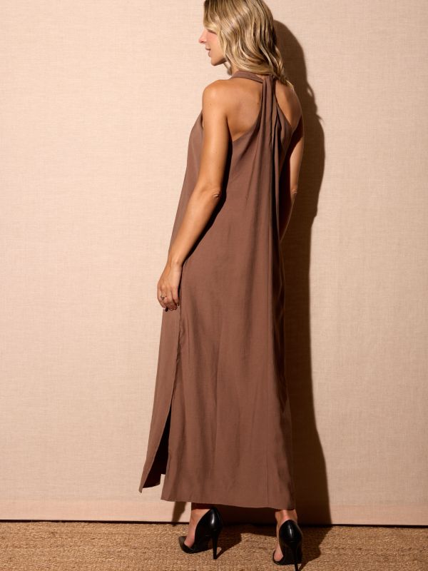 Vestido Escote Cruzado Invertido Marrón-2