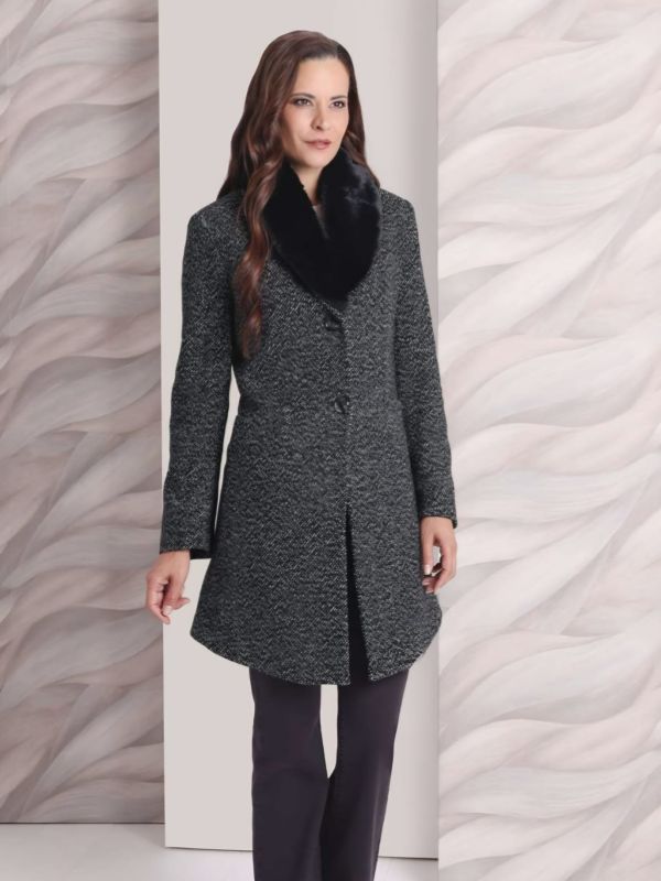 Abrigo de Paño Jaspeado con Cuello de Piel