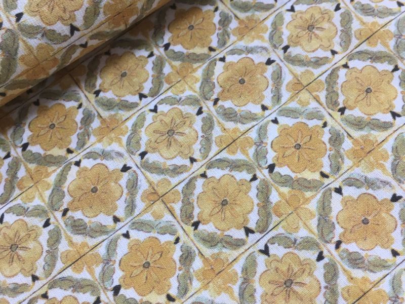 Popelin estampado ROMBO FLOR MOSTAZA  