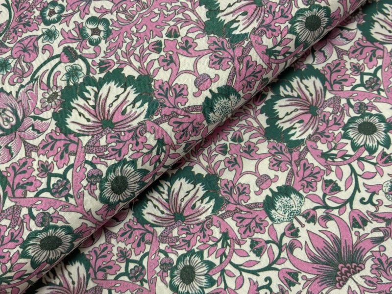 Popelin FONDO  BLANCO ESTAMPADO FUCSIA Y VERDE 