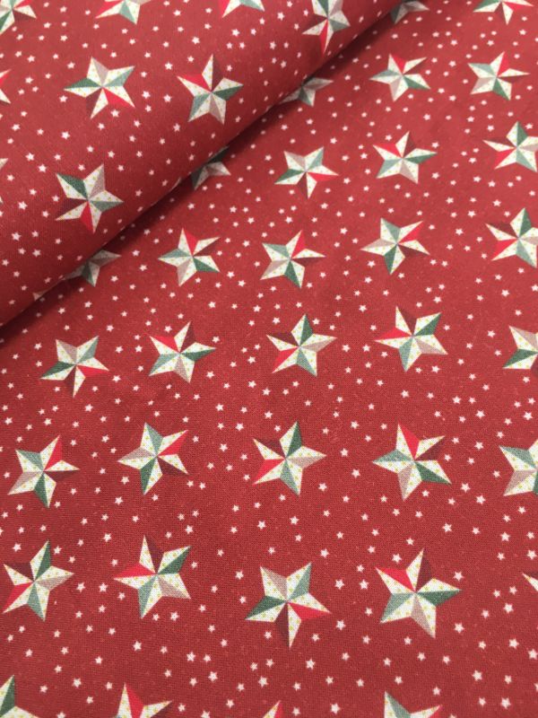 Algodón Navidad FONDO ROJO. ESTRELLAS BLANCAS 
