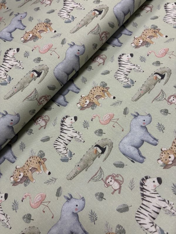 Algodón estampado FONDO VERDE AGUA ANIMALES 