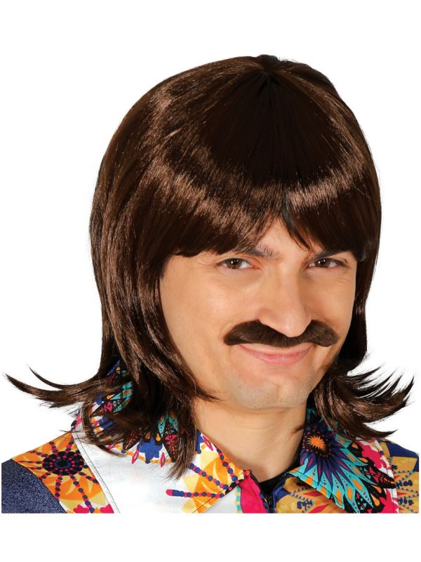 Peluca melena castaña con bigote