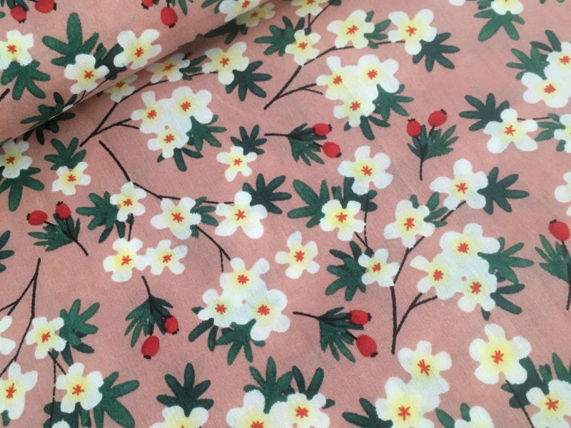 Popelin de algodón estampado FONDO ROSA PALO MARGARITA BLANCA 