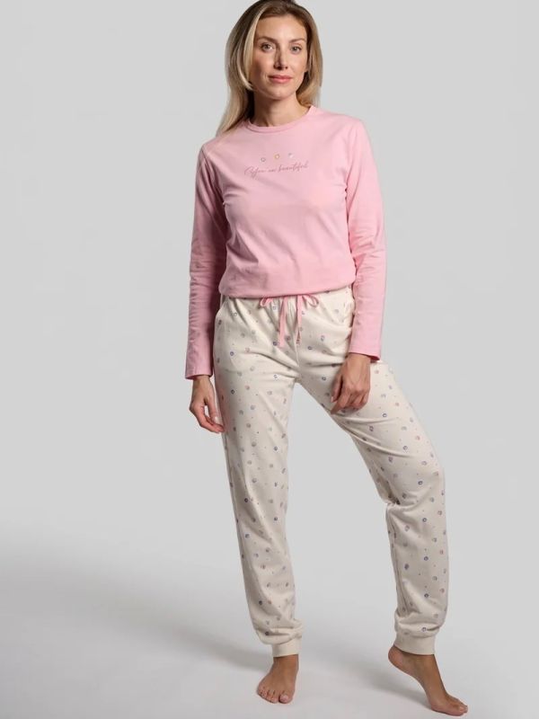 Pijama mujer algodón rosa y blanco