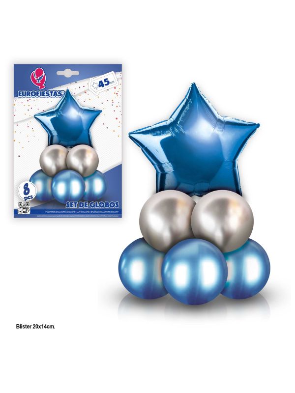 Set 8 globos azul y plata cromo