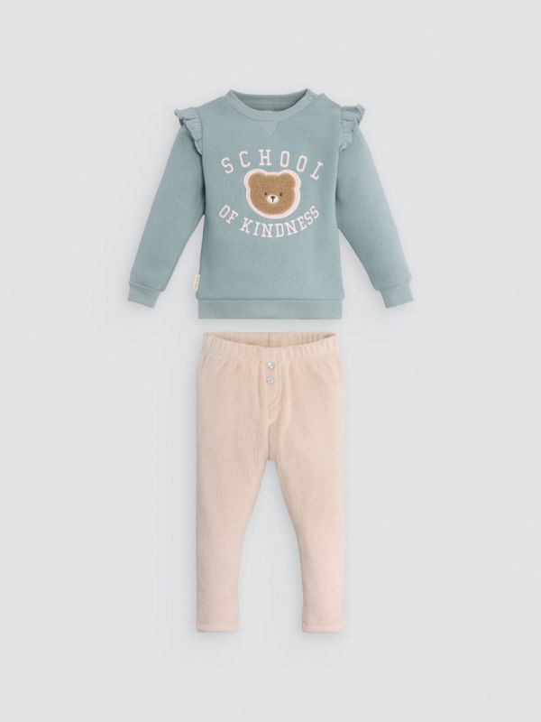 Conjunto bebe niña sudadera oso volante y pantalón texturizado