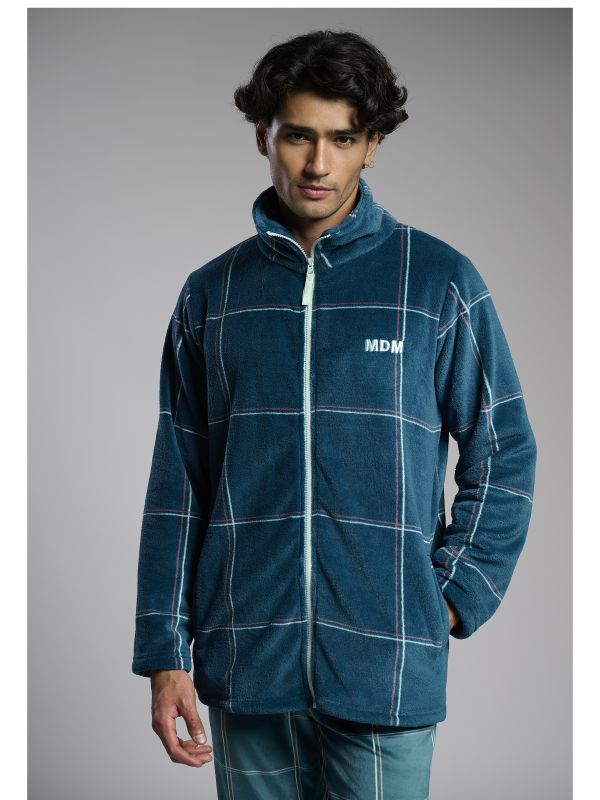 Bata corta polar coralina hombre  cremallera estampado cuadros