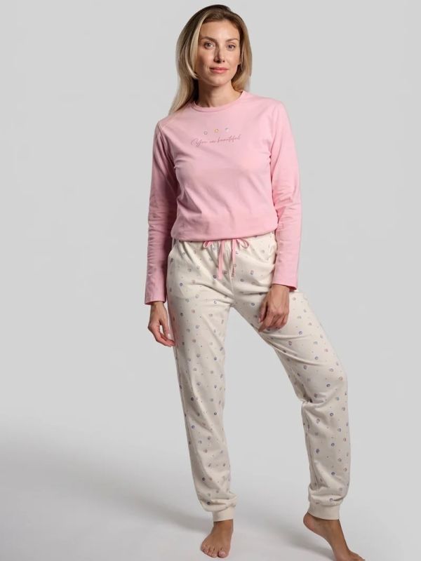 Pijama mujer algodón rosa y blanco