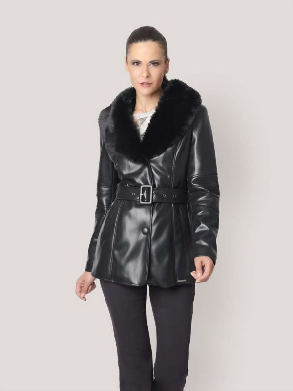 Chaqueta de Piel Sintética Cuello de Peluche