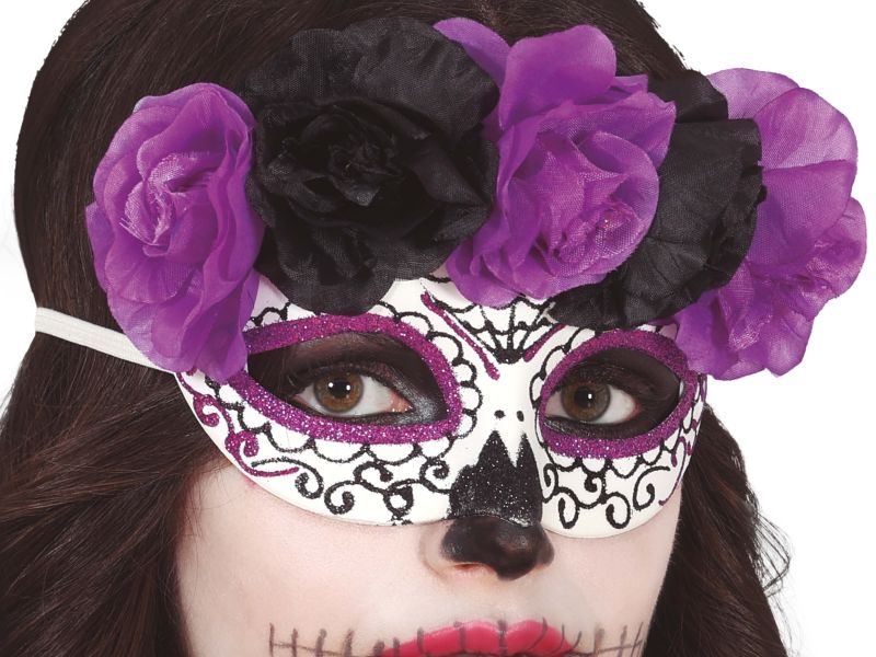 Antifaz Catrina con flores lilas y negras
