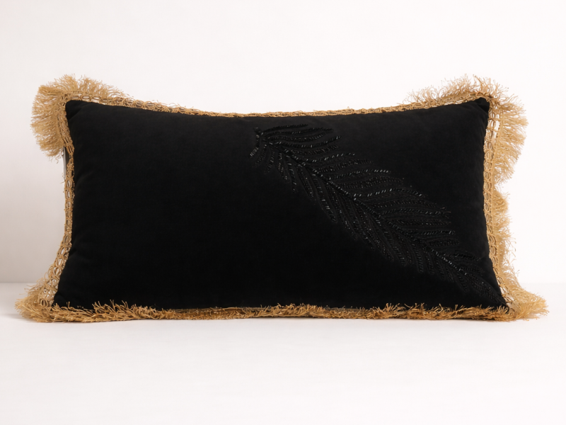 Cojín Pluma de Cristal y Flecos Oro